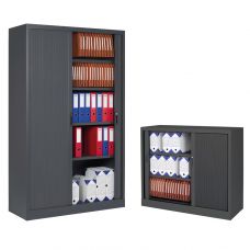 One-coloured storage cabinets with curtain doors